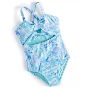 Breaking Waves Girls Size 8 Blue Butterfly Tie Dye One Piece Swimsuit Cutout Y2K